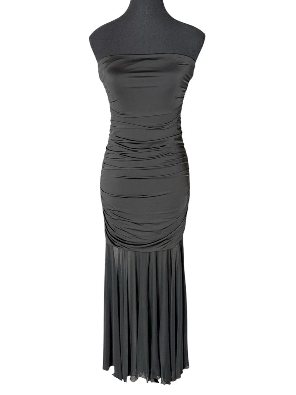 THIRTY THIRTY New Black Satin Mesh Ruched Draped Strapless Dress Gown Large
